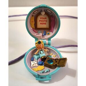 Vintage 1992 Polly Pocket Jewel Locket Bluebird Compact Doll Necklace Teal Blue